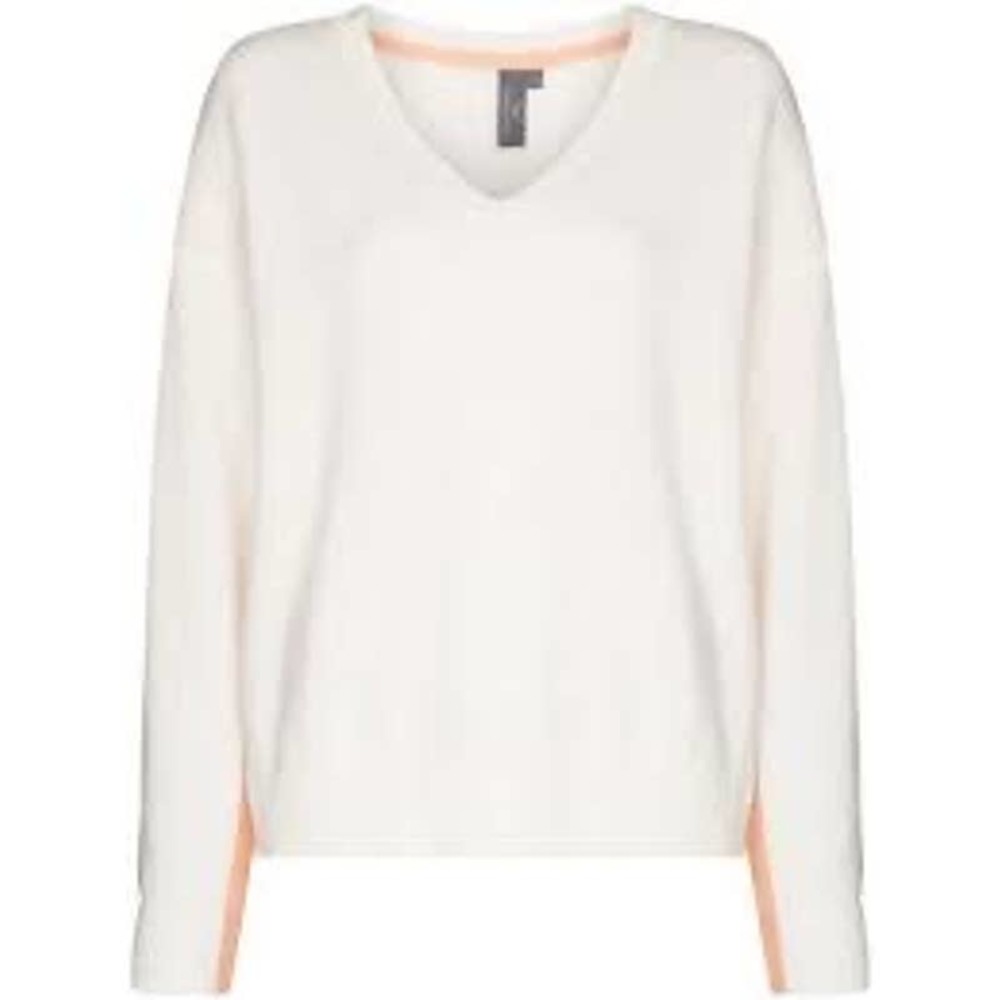 NWT Sweaty Betty V-Neck Wool Sweater Lily White Peach Trim XXL